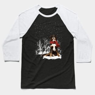 Christmas English Shepherd With Scarf In Winter Forest Baseball T-Shirt